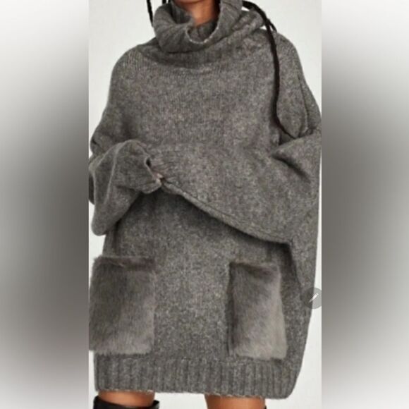 Zara Slouchy oversized Turtleneck sweater alpaca blend Womens S fur pockets Boho - Picture 8 of 15